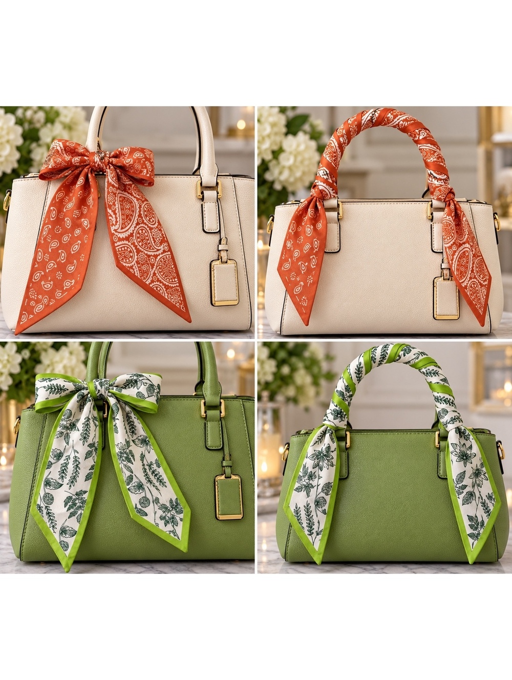 2 Twilly Bag Scarves Green Floral & Rust Paisley Polka Dot